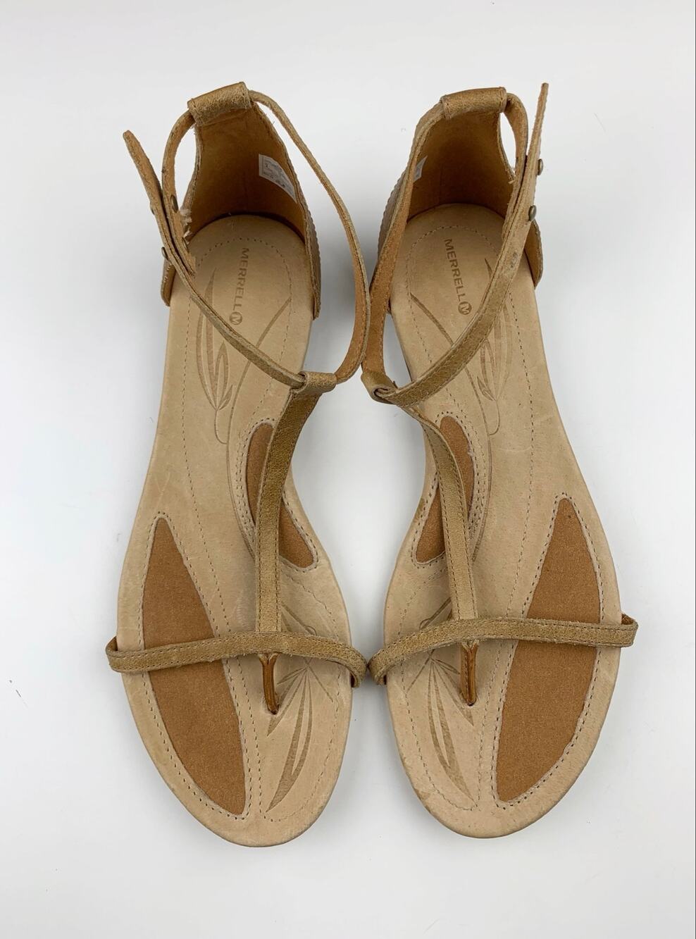 Merrell Sandals Tan Leather T-Strap Strappy Comfort Flats Women's 9 Minimalist
